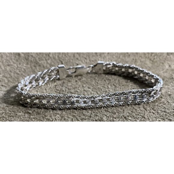 Italian .925 Silver Fancy Rope & Figaro Chain Bracelet 7" Vintage 10.9g - Picture 9 of 9